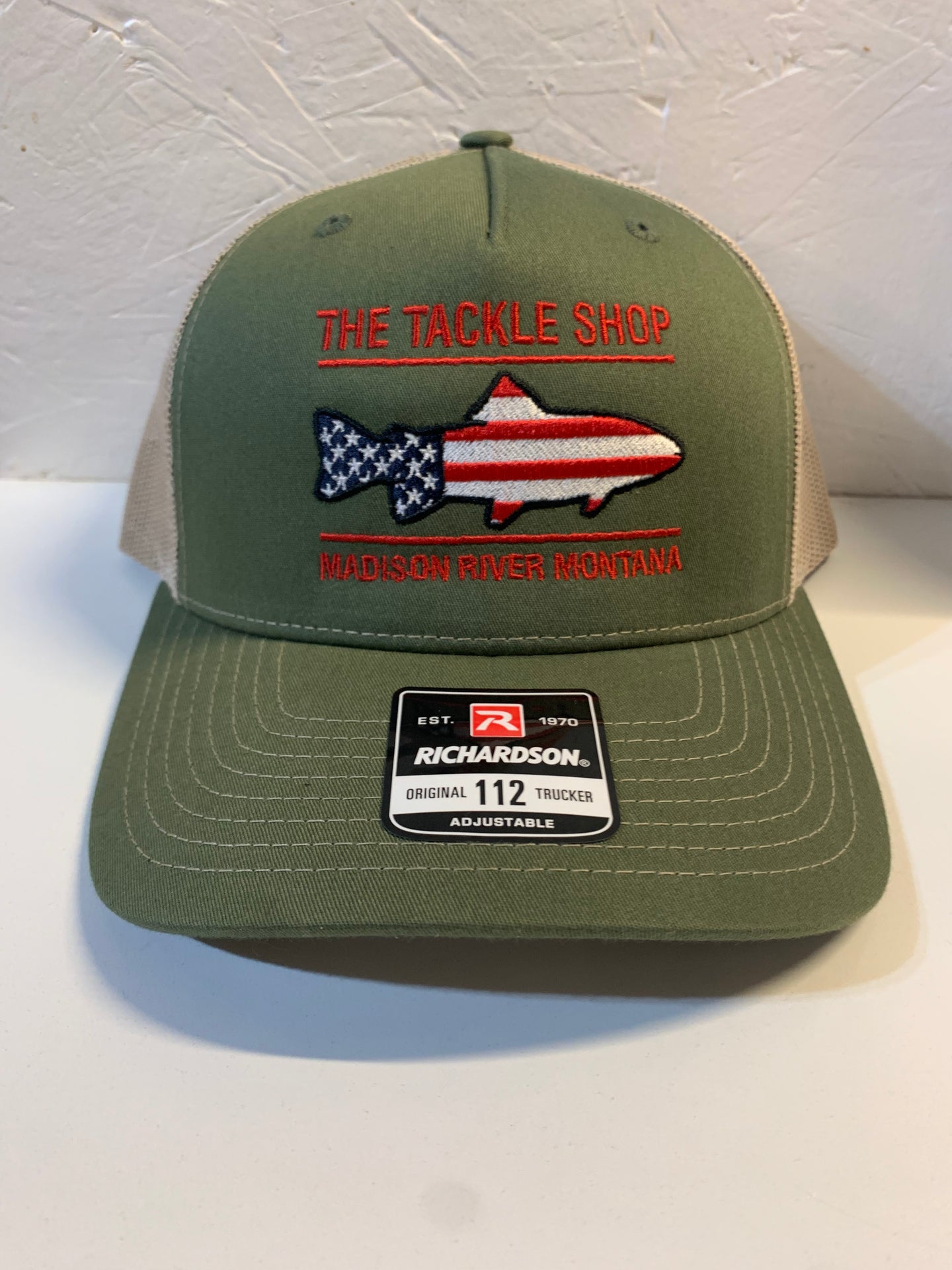 Trout Flag Logo Hat Olive with Tan Mesh